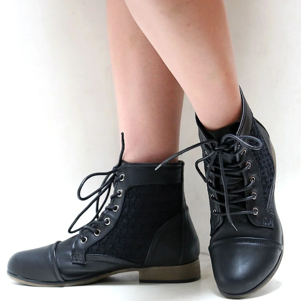 New Black Lace Up Lace Panel Ankle Boots Booties